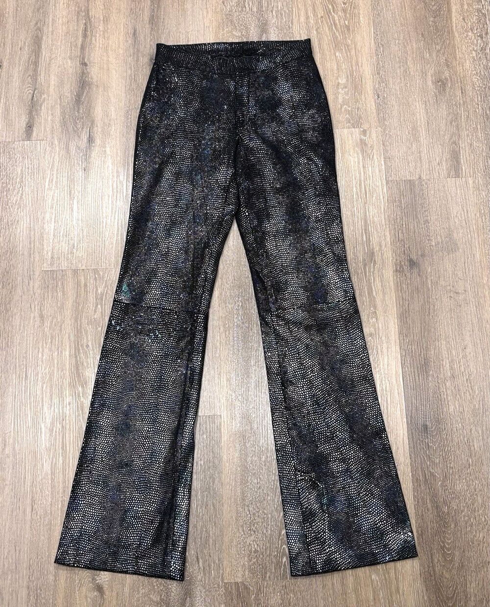 Vintage Wilsons Maxima Leather Pants Black Metallic Snake Print Flare Y2K Size 4